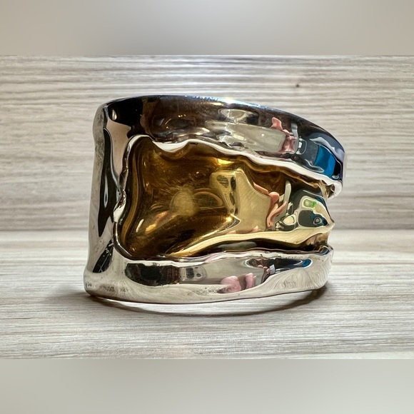 Modernist Designer Lazaro G. Sterling Silver & Brass Sculpted Cuff Bracelet - Picture 4 of 9